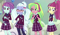 Size: 1229x718 | Tagged: safe, screencap, lemon zest, sour sweet, sugarcoat, sunny flare, equestria girls, equestria girls specials, g4, my little pony equestria girls: dance magic, clothes, crystal prep academy uniform, female, glasses, school uniform