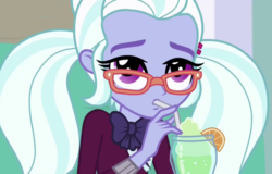 Size: 1378x880 | Tagged: safe, screencap, sugarcoat, equestria girls, equestria girls specials, g4, my little pony equestria girls: dance magic, clothes, crystal prep academy uniform, cute, drink, female, glasses, school uniform, solo, sugarcute