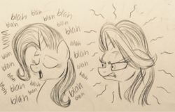 Size: 1200x773 | Tagged: safe, starlight glimmer, trixie, pony, unicorn, g4, angry, bust, cross-popping veins, duo, eyes closed, female, gritted teeth, mare, monochrome, open mouth, pencil drawing, portrait, simple background, smiling, talking, traditional art