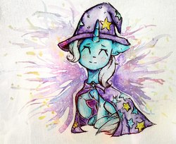 Size: 1174x960 | Tagged: safe, artist:zefirka, trixie, pony, unicorn, g4, ^^, abstract background, cape, clothes, eyes closed, female, happy, hat, mare, raised hoof, sitting, smiling, solo, traditional art, trixie's cape, trixie's hat, watercolor painting