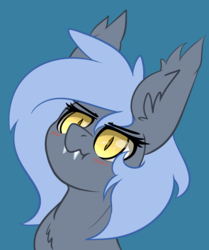 Size: 2439x2912 | Tagged: safe, artist:duop-qoub, oc, oc only, oc:panne, bat pony, pony, blushing, bust, chest fluff, ear fluff, fangs, high res, portrait, simple background, solo, teal background, wavy mouth