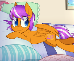 Size: 1200x980 | Tagged: safe, artist:higglytownhero, oc, oc only, oc:digidrop, pegasus, pony, bed, cute, simple background, solo, spread wings, wings