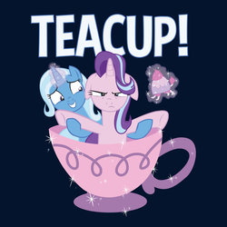 Size: 800x800 | Tagged: safe, artist:xkappax, starlight glimmer, teacup poodle, trixie, pony, unicorn, all bottled up, cup, floppy ears, simple background, smiling, teacup, that pony sure does love teacups, trixie's puppeteering, unamused