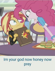 Size: 998x1301 | Tagged: safe, edit, edited screencap, screencap, pinkie pie, sunset shimmer, equestria girls, equestria girls specials, g4, mirror magic, book, canterlot mall, dc comics, dc universe abridged, food, reference