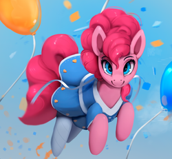 Size: 960x888 | Tagged: safe, artist:rodrigues404, pinkie pie, earth pony, pony, g4, balloon, clothes, confetti, cute, diapinkes, dress, female, looking at you, mare, smiling, socks, solo