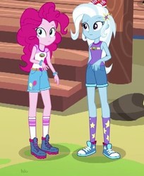 Size: 314x385 | Tagged: safe, screencap, pinkie pie, trixie, equestria girls, g4, my little pony equestria girls: legend of everfree, boots, camp everfree outfits, clothes, converse, cropped, shoes, shorts, socks