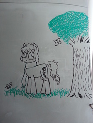 Size: 2448x3264 | Tagged: safe, artist:unreliable narrator, oc, oc only, oc:rose picatinny thorn, butterfly, pony, clothes, flower, freckles, grass, high res, scarf, simple background, solo, traditional art, tree, whiteboard