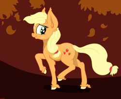 Size: 2221x1825 | Tagged: safe, artist:paskanaakka, derpibooru exclusive, applejack, earth pony, pony, g4, abstract background, butt, butt freckles, colored hooves, ear fluff, female, freckles, mare, missing accessory, plot, smiling, solo, unshorn fetlocks