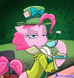 Size: 1024x1074 | Tagged: safe, artist:mickeymonster, artist:robocop17, pinkie pie, pony, g4, ascot tie, clothes, cup, dexterous hooves, female, frock coat, hoof hold, mad hatter, shirt, solo, teacup, top hat, waistcoat