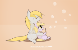 Size: 2600x1700 | Tagged: dead source, safe, artist:aurura, derpy hooves, dinky hooves, pegasus, pony, unicorn, g4, bubble, bubble blower, equestria's best mother, female, happy, mare, mother and daughter, sitting