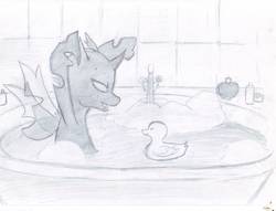 Size: 3321x2531 | Tagged: artist needed, source needed, safe, changeling, bath, high res, monochrome, pencil drawing, rubber duck, solo, traditional art