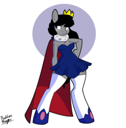 Size: 1869x1911 | Tagged: safe, artist:rubbermage, oc, oc only, oc:queen size, earth pony, anthro, unguligrade anthro, abstract background, cape, clothes, solo, stockings, thigh highs