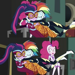 Size: 1920x1920 | Tagged: safe, screencap, fili-second, pinkie pie, rainbow dash, sci-twi, twilight sparkle, zapp, equestria girls, equestria girls specials, g4, my little pony equestria girls: movie magic, boots, clothes, costume, eyes closed, female, geode of super speed, glomp, magical geodes, masked matter-horn costume, power ponies, shipping fuel, shoes