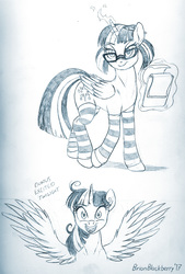 Size: 720x1063 | Tagged: safe, artist:brianblackberry, twilight sparkle, alicorn, pony, g4, adorkable, clothes, cute, dork, excited, female, glasses, mare, monochrome, open mouth, sketch, socks, solo, spread wings, striped socks, traditional art, twilight sparkle (alicorn), wide eyes, wings