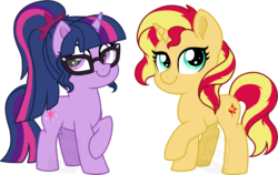 Size: 900x570 | Tagged: safe, artist:tambelon, sci-twi, sunset shimmer, twilight sparkle, pony, unicorn, series:sciset diary, g4, chibi, cute, duo, equestria girls ponified, female, glasses, hnnng, mare, ponified, shimmerbetes, simple background, transparent background, twiabetes, unicorn sci-twi, wingless