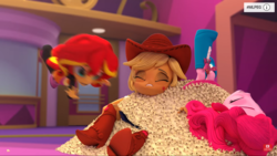 Size: 1366x768 | Tagged: safe, screencap, applejack, pinkie pie, sunset shimmer, equestria girls, g4, the show must go on, cinema, doll, equestria girls minis, female, food, irl, photo, popcorn, toy