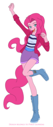 Size: 1339x3218 | Tagged: safe, artist:pyrus-leonidas, pinkie pie, earth pony, anthro, g4, breasts, clothes, female, happy, looking at you, mare, open mouth, raised leg, simple background, smiling, solo, transparent background