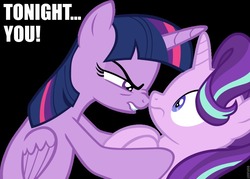 Size: 960x686 | Tagged: safe, artist:frownfactory, starlight glimmer, twilight sparkle, alicorn, pony, unicorn, a royal problem, g4, black background, female, looking at each other, meme, nose wrinkle, simple background, tonight you, twilight sparkle (alicorn), vector