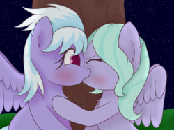 Size: 1600x1200 | Tagged: safe, artist:zlight, cloudchaser, flitter, pegasus, pony, g4, blushing, duo, eyes closed, female, incest, kiss on the lips, kissing, lesbian, mare, ship:pegacest, shipping, siblings, sisters, tree