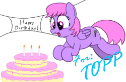 Size: 2389x1548 | Tagged: safe, artist:an-tonio, artist:toyminator900, derpibooru exclusive, oc, oc only, oc:melody notes, pegasus, pony, banner, birthday cake, cake, candle, female, folded wings, food, gift art, happy, jumping, mare, open mouth, simple background, smiling, solo, transparent background