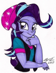 Size: 971x1278 | Tagged: safe, artist:newyorkx3, starlight glimmer, human, equestria girls, equestria girls specials, g4, mirror magic, beanie, clothes, female, hat, looking at you, signature, simple background, smiling, solo, traditional art, white background