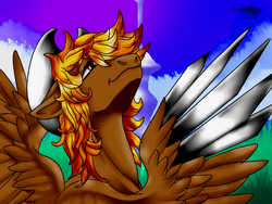 Size: 1600x1200 | Tagged: safe, artist:brainiac, oc, oc only, oc:calamity, pegasus, pony, fallout equestria, fanfic, fanfic art, freckles, hat, male, mecha wing, single pegasus project, solo, spoiler, stallion, wings