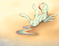 Size: 4491x3490 | Tagged: safe, artist:plotcore, rainbow dash, pegasus, pony, g4, beach, female, happy, high res, legs in air, mare, on back, smiling, solo