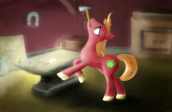 Size: 3235x2104 | Tagged: safe, artist:plotcore, big macintosh, earth pony, pony, brotherhooves social, g4, blacksmith, earth pony problems, forging, hammer, high res, horseshoes, male, mouth hold, scene interpretation, smithing, solo, stallion