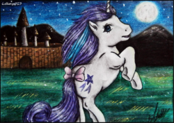 Size: 1047x742 | Tagged: safe, artist:lolliangel123, glory, pony, g1, female, moon, nature, night, solo, traditional art