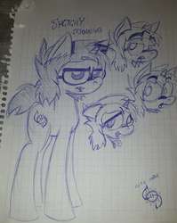 Size: 2448x3080 | Tagged: safe, artist:sebaku, oc, oc only, oc:morning draw, pony, unicorn, beard, black mane, eyebrows, facial hair, glasses, graph paper, high res, solo, traditional art