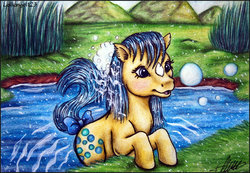 Size: 2937x2033 | Tagged: dead source, safe, artist:lolliangel123, bubbles (g1), earth pony, pony, g1, bubble, coat markings, facial markings, female, high res, mare, pond, solo, star (coat marking), traditional art