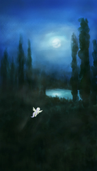 Size: 4000x7023 | Tagged: safe, artist:plotcore, fluttershy, pegasus, pony, g4, absurd resolution, female, flying, forest, lake, mare, moon, night, solo