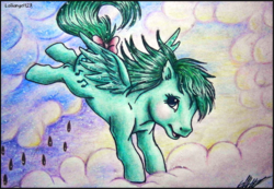 Size: 1081x746 | Tagged: safe, artist:lolliangel123, medley, pony, g1, cloud, female, rain, solo, traditional art