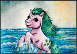 Size: 1050x739 | Tagged: safe, artist:lolliangel123, seashell (g1), earth pony, pony, g1, coat markings, facial markings, female, ocean, rearing, seashell, solo, star (coat marking), traditional art