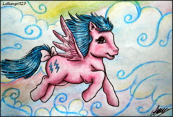 Size: 1096x743 | Tagged: safe, artist:lolliangel123, firefly, pony, g1, cloud, female, sky, solo, traditional art