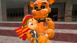 Size: 708x399 | Tagged: safe, artist:sky chaser, sunset shimmer, equestria girls, g4, 3d, animatronic, five nights at freddy's, golden freddy, one eye closed, source filmmaker, wink