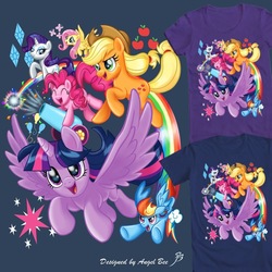 Size: 1000x1000 | Tagged: safe, artist:angel_bee, applejack, fluttershy, pinkie pie, rainbow dash, rarity, twilight sparkle, alicorn, earth pony, pegasus, pony, unicorn, g4, my little pony: the movie, blue, clothes, cutie mark, mane six, movie, party cannon, purple, rainbow, shirt, t-shirt, twilight sparkle (alicorn)