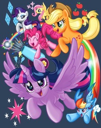 Size: 1617x2048 | Tagged: safe, artist:angel_bee, applejack, fluttershy, pinkie pie, rainbow dash, rarity, twilight sparkle, alicorn, earth pony, pegasus, pony, unicorn, g4, my little pony: the movie, cutie mark, mane six, movie, party cannon, rainbow, twilight sparkle (alicorn)