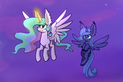 Size: 1500x1000 | Tagged: safe, artist:heir-of-rick, princess celestia, princess luna, alicorn, pony, g4, duo, ear fluff, female, flying, freckles, glowing horn, horn, impossibly large ears, magic, mare, night, royal sisters, s1 luna, sisters, spread wings, stars, wings