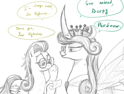 Size: 1111x845 | Tagged: safe, artist:plotcore, derpy hooves, queen chrysalis, changeling, changeling queen, pegasus, pony, g4, alternate universe, bright eyes (mirror universe), dialogue, duo, equestria-3, female, glasses, mare, mirror universe, monochrome, reversalis, scroll, simple background, we don't normally wear clothes, white background