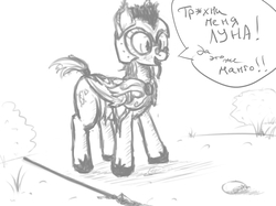 Size: 1111x833 | Tagged: safe, artist:plotcore, oc, oc only, bat pony, pony, armor, cyrillic, dialogue, food, guard, mango, monochrome, russian, sketch, solo, tongue out, translated in the comments