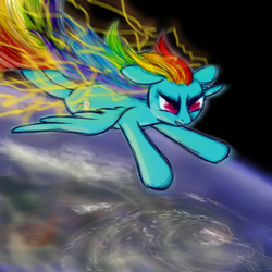 Size: 2000x2000 | Tagged: safe, artist:plotcore, rainbow dash, pegasus, pony, g4, female, flying, high res, lightning, mare, planet, solo, space, windswept mane