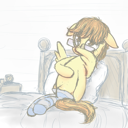 Size: 4000x4000 | Tagged: safe, artist:plotcore, spitfire, pegasus, pony, g4, bed, clothes, female, floppy ears, glasses, mare, on back, sketch, socks, solo, striped socks, wing hands