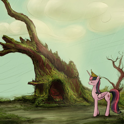 Size: 3000x3000 | Tagged: safe, artist:plotcore, twilight sparkle, alicorn, pony, g4, crown, destroyed library, eyes closed, female, golden oaks library, high res, jewelry, mare, regalia, solo, twilight sparkle (alicorn)