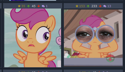 Size: 528x304 | Tagged: safe, screencap, scootaloo, sweetie belle, pony, derpibooru, g4, creepy, eye, eyes, funny, juxtaposition, meta, spongebob squarepants, weird