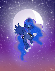 Size: 1280x1656 | Tagged: safe, artist:missanimegrl, princess luna, alicorn, pony, g4, eyes closed, female, flying, mare, moon, night, night sky, sky, solo, stars, watermark