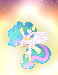 Size: 1280x1656 | Tagged: safe, artist:missanimegrl, princess celestia, alicorn, pony, g4, eyes closed, female, flying, mare, sky, solo, stars, sun, watermark