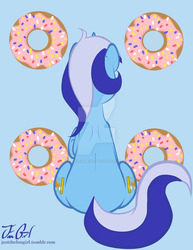 Size: 800x1035 | Tagged: safe, artist:missanimegrl, minuette, pony, unicorn, g4, butt, cutie mark background, donut, female, food, mare, plot, raised hoof, rear view, sitting, solo, watermark