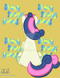 Size: 800x1035 | Tagged: safe, artist:missanimegrl, bon bon, sweetie drops, earth pony, pony, g4, both cutie marks, butt, candy, cutie mark background, female, food, mare, plot, raised hoof, rear view, sitting, solo, watermark