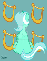 Size: 800x1035 | Tagged: safe, artist:missanimegrl, lyra heartstrings, pony, unicorn, g4, both cutie marks, butt, cutie mark background, female, lyre, mare, plot, raised hoof, rear view, sitting, solo, watermark